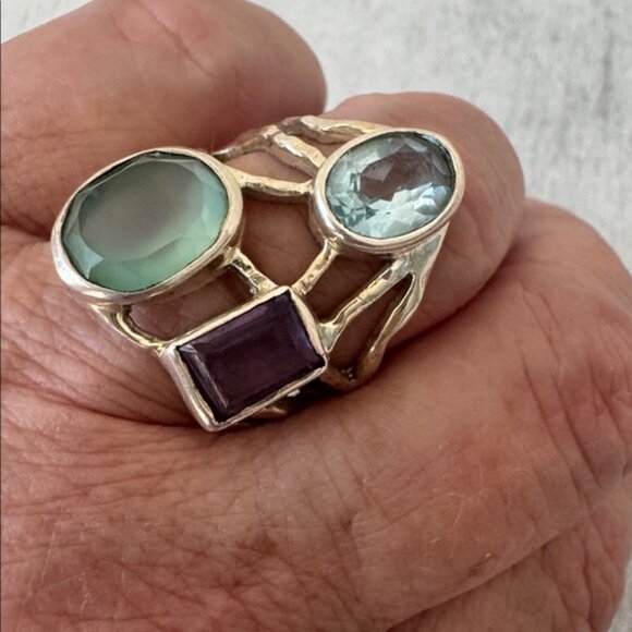 925 Sterling Silver Lacy Bezel Ring 3 Gemstones Purple, Blue & Aqua India Sz.7 - Picture 12 of 16